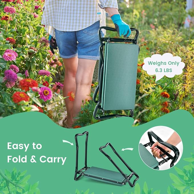 HAPPYGRILL Garden Kneeler Bench with Tools Pouch, Folding Garden Seat Stool Kneeling Pad Cushion for Patio Garden Yard