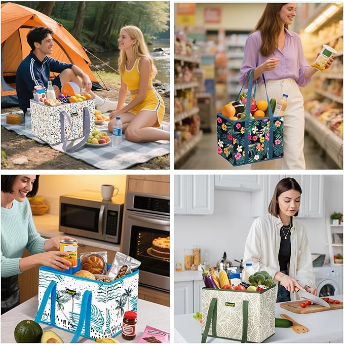 BALEINE 6Pk Reusable Grocery Bags, Foldable Shopping Bags for Groceries with Reinforced Bottom & Handles (Blossom Season)