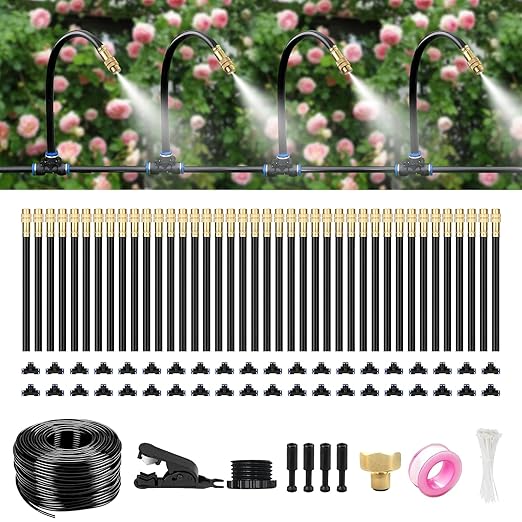 120FT Drip Irrigation System for Garden – Automatic Watering Kit with Solid Brass Metal Connectors, 360° Bendable Tubing &40 Adjustable Nozzles for Greenhouse, Lawn, Yard & Plants