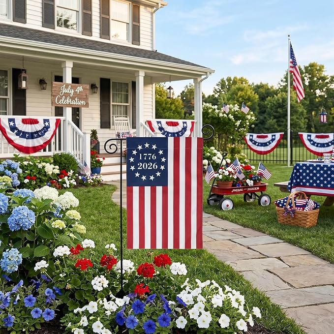 TOPFLAGS 250 Anniversary USA Flag Garden Flags 1776-2026 Betsy Ross Bennington Garden Flags 13 Star Colonies Double Side 12x18 Inch for Outside American Patriotic Banner