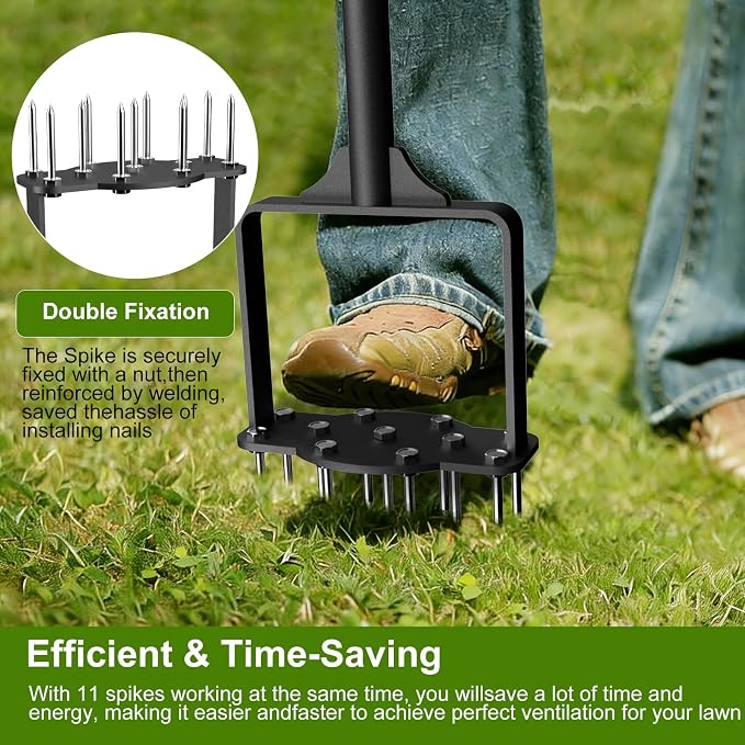 Manual Lawn Aerator Tool with 11 Steel Spikes, Easy Step-On Soil Aerator for Yard & Garden, Heavy Duty Lawn Spike Aerator with Foot Bar & T-Handle, Improve Drainage & Thicker Grass