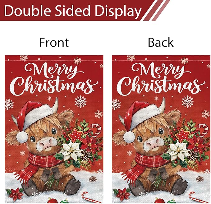 Heyfibro Merry Christmas Highland Cow Garden Flag 12x18 Inch Double Sided Burlap, Winter Snowflake Yard Flags for Holiday Xmas Seasonal Outdoor Decoration(ONLY FLAG)