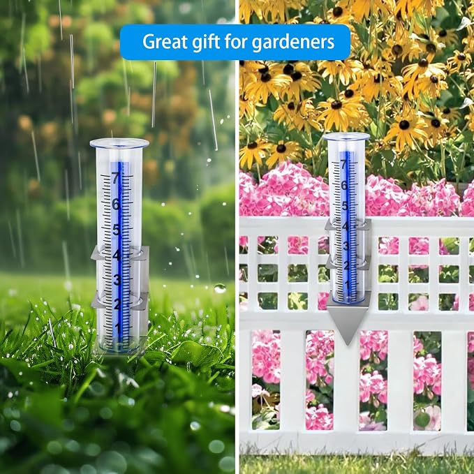 Rain Gauge,Rain Gauges Outdoors Best Rated with Stainless Steel Mounting Rack Holder,Freeze Proof Plastic Replacement Tube,Large Numbers,Rain Measure Gauge for Yard Garden Fence Lawn Patio Farm (7")