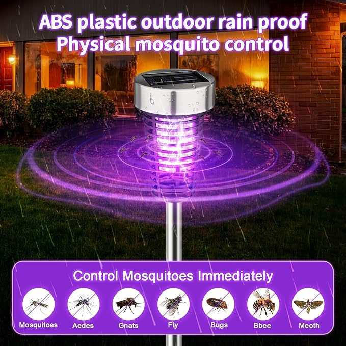 Qualirey 4 Pack Solar Bug Zapper Outdoor Waterproof Mosquito Repellent Killer Bug Zapper Lamp with LED Light for Outdoor Garden Patio Yard (Purple and Flame Light,Silver)