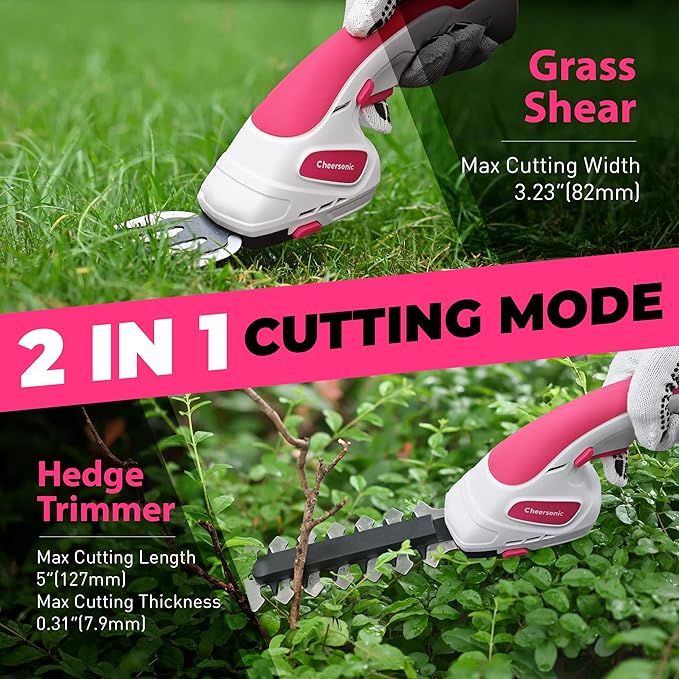 Cordless Grass Shear & Hedge Trimmer 7.2V Handheld Electric Grass Trimmer with 2 * 2000mAh Battery 2 in 1 Lightweight Shrub Trimmer Type-C Cable for Small Bushes, Lawn Edging & Garden Pink