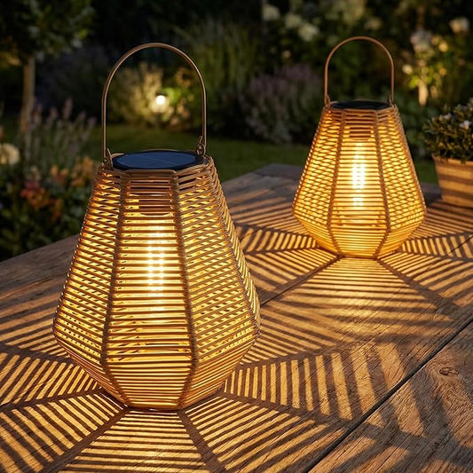 Solar Lanterns, 2 Pack Rattan Hanging Lights Solar Lanterns Outdoor Waterproof Outside Solar Lamp for Garden Patio Yard Porch Pathway Table Decor Decorative Birthday Gifts for Mom Grandma