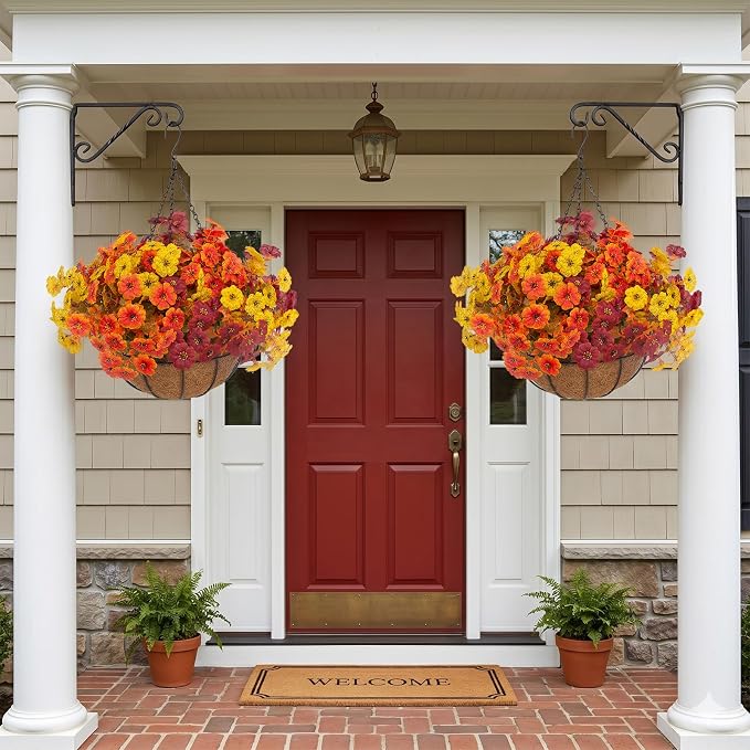 Hananona 2 Set Artificial Outdoor Fall Flowers with Hanging Basket, 2 Hanging Planters with 24 Pcs Flowers for Autumn Front Porch Garden Patio Home Decor (2, Orange,Yellow,Burgundy)