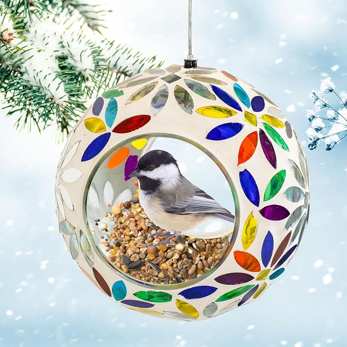 Sunnydaze 6-Inch Glass Mosaic Hanging Bird Feeder for Outdoors - Fly-Through Glass Bird Feeder for Cardinals, Jays, Finches and More - Rainbow Daisies