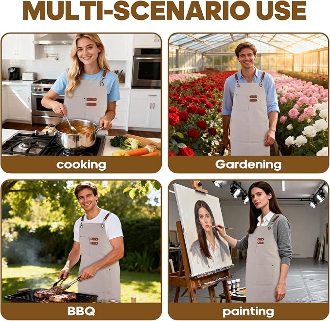 Aprons For Women Men With Large Pockets, Waterproof Cotton Chef Aprons For Cooking Server Grilling Bbq Kitchen