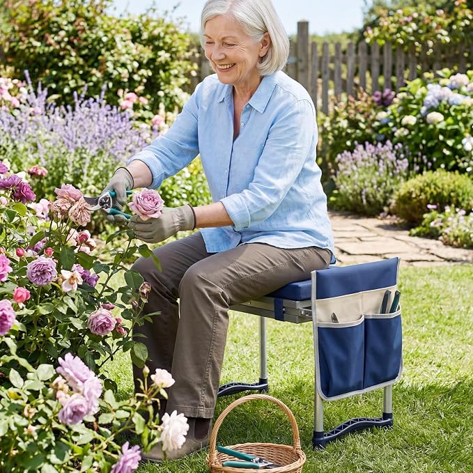 Giantex Garden Kneeler and Seat, Foldable Gardening Stool w/Wide EVA Foam Padding, Tool Pouch, Heavy-Duty Kneeling Bench for Knee & Back Pain Relief, Gardening Kit for Seniors Women Men (Navy)