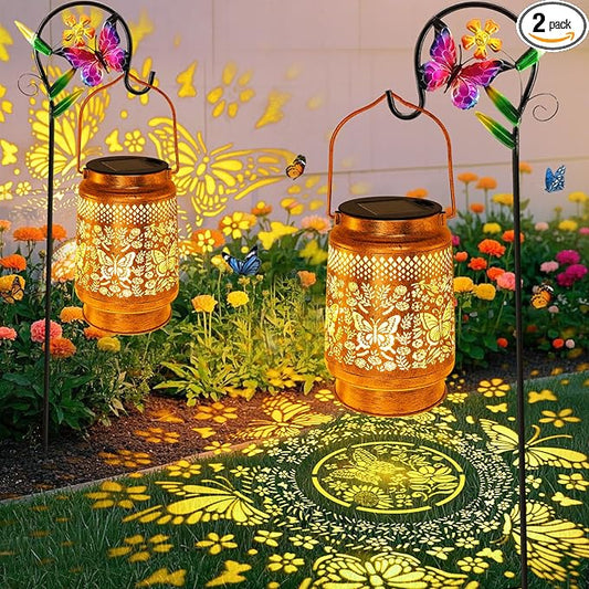 2 Pack Solar Lanterns Outdoor Butterfly Garden Decor, Birthday Gifts for Women Mom Grandma, Waterproof Metal Hanging Solar Lights LED Decoration with Shepherd Hook Outside for Yard Patio Lawn Porch