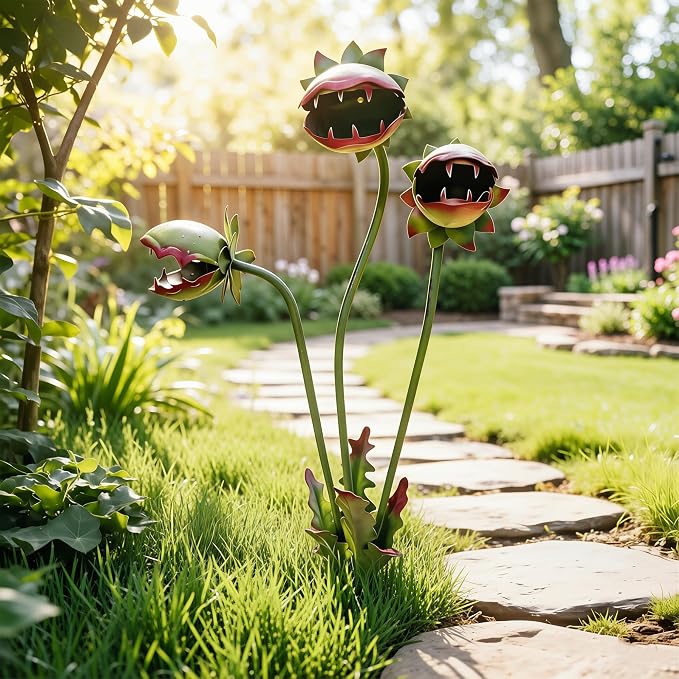 Whimsical Metal Carnivorous Plant Garden Stake, 25-Inch Handmade Venus Flytrap Monster Sculpture, Unique Quirky Yard Art for Garden Patio Lawn Flower Beds, Durable Outdoor Decor Gift (1 pack)