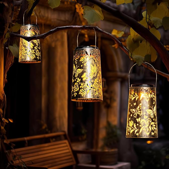 Outdoor Solar Lanterns Large Butterfly Pattern Lantern Hanging Light House Yard Patio Backyard Porch PathwayDecor Gifts for Women Grandma Mom Friends 2pcs