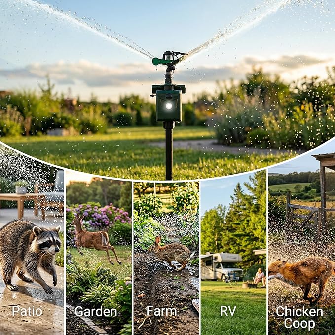 2 Packs Motion Activated Deer Repellent with Water Sprinkler, Solar Powered Cat Repellent Outdoor, IP65 Waterproof Deer Repellent Devices with Flashing Light, Deter Dogs Skunks Raccoons from Garden