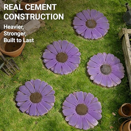 2 Pack Daisy Cement Stepping Stones 10 Inch, Heavy Duty Garden Pathway Stones, Non Slip Outdoor Walkway Decor for Yard Patio Lawn, Weather Resistant Cement Stepping Stones (Purple)