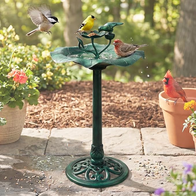 VINGLI Pedestal Bird Bath 28 Inch Antique Copper Resin Birdbaths Weather Resistant Floral Accents and Vintage Finish Garden Decor for Outdoor Lightweight Courtyard… (Green-with Bird Feeder)