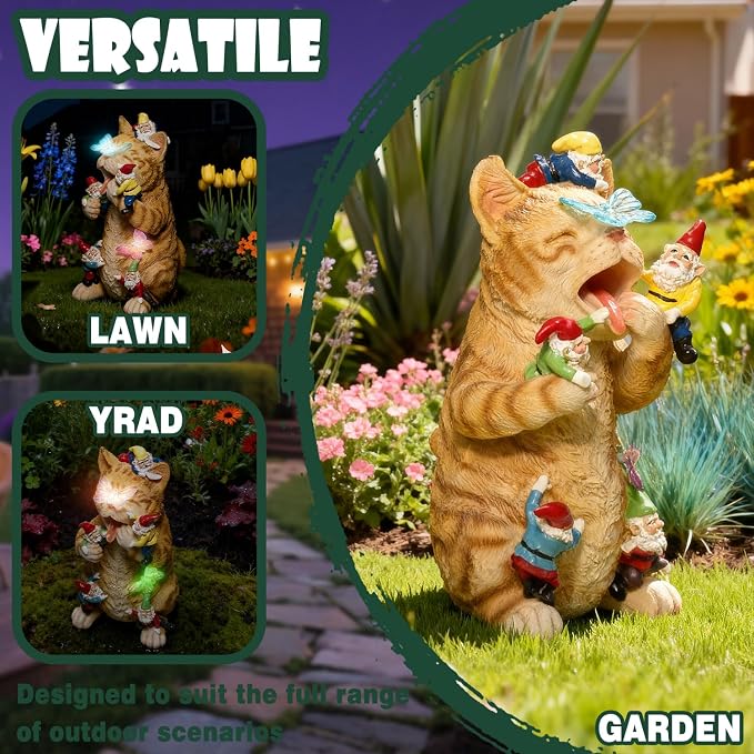 Funny Garden Gnomes Decorations for Yard Statue with Solar Lights Outdoor Cat Sculpture Decor