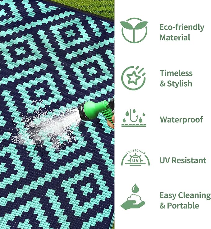 GENIMO Outdoor Rug for Patio Clearance, 6'x9' Waterproof Camping Mat, Reversible Plastic Straw Rugs for RV, Camper, Balcony, Backyard, Picnic, Deck (Navy Blue & Jade Green)