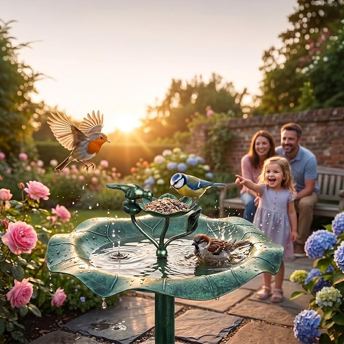 VINGLI Pedestal Bird Bath 28 Inch Antique Copper Resin Birdbaths Weather Resistant Floral Accents and Vintage Finish Garden Decor for Outdoor Lightweight Courtyard… (Green-with Bird Feeder)