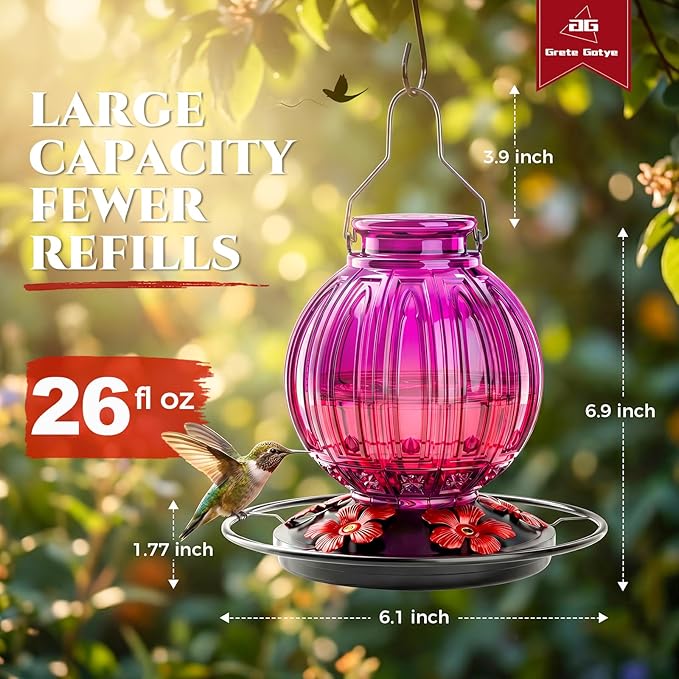 Glass Hummingbird Feeder for Outdoors Hanging, 26Oz Bird Nectar Feeder with Perch & 5 Flower Feeding Ports, Leak Proof for Outside Garden Decor Backyard, Gifts for Women Mom, Purple & Red