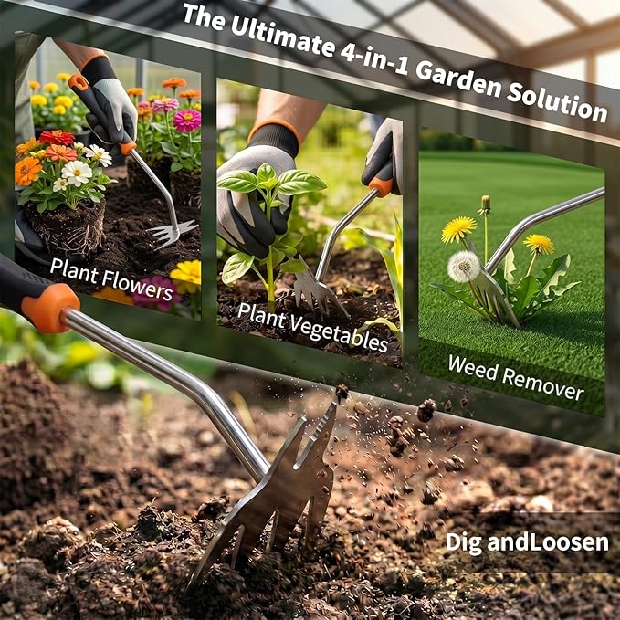 Hand Weeder Tool, Heavy Duty Stainless Steel Garden Weed Puller with 4-Tine & Root Removal Fork, Deep Root Weed Remover for Dandelion, Crabgrass & Thistle, Weeding Tool for Lawn Yard Farm (Orange)