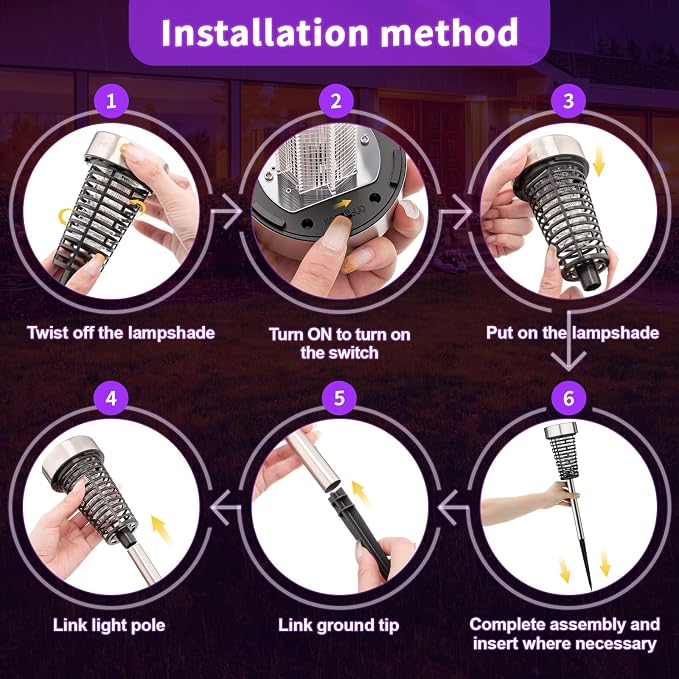 Qualirey 12 Pack Solar Bug Zapper Outdoor Waterproof Mosquito Repellent Killer Bug Zapper Lamp with LED Light for Outdoor Garden Patio Yard (Purple and Flame Light,Silver)