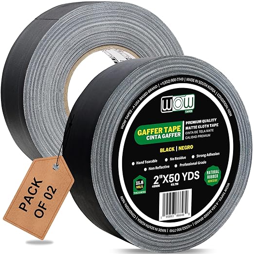 Wow Gaffers Tape 2 Inch Black - 50 Yards (Pack of 2), Residue Free, Non-Reflective & Heavy-Duty - Professional Grade Gaff Tape - Ideal for Photography Backdrop, Cables, Cords & Floor Taping