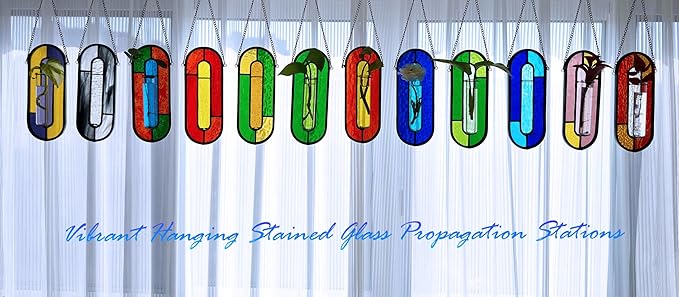LITMIND Multi-Color Stained Glass Propagation Station - Handcrafted Translucent Suncatcher Planter with 2 Tubes, Hanging Hydroponic Decor for Windows & Garden, Indoor Outdoor Use, 7x2.5 Inches