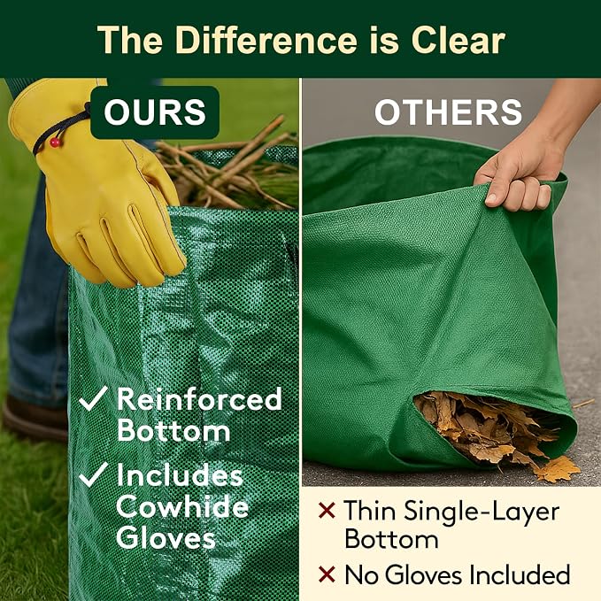 72 Gallon Reusable Yard Waste Bags (3 Pack), Heavy Duty Stand-Up Leaf & Lawn Bags, 150 GSM Woven PP (PE Coated), Double-Layer Bottom, Top & Bottom Reinforced Handles, Cowhide Gloves Included