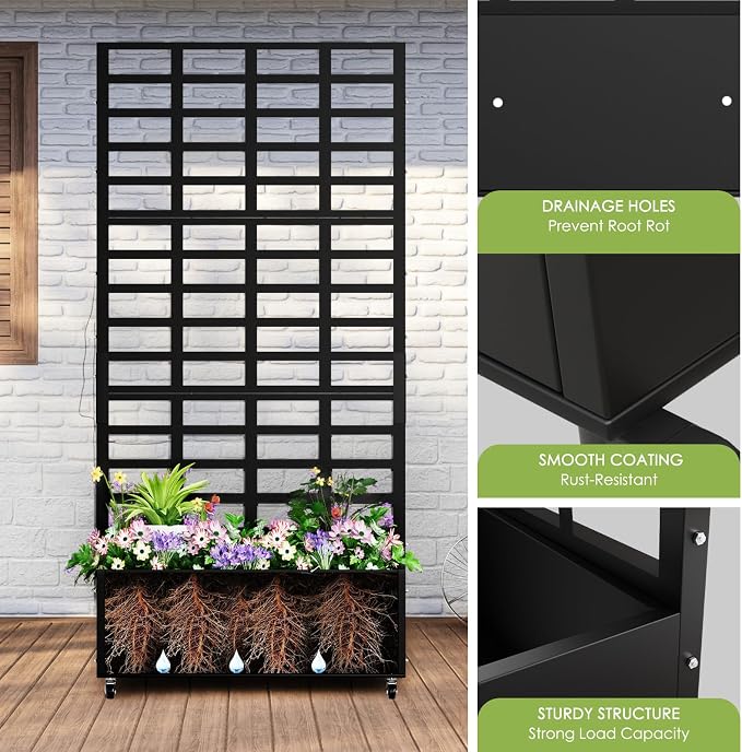 Metal Planter Box with Trellis for Climbing Plants, 74.8"x35.83"x15.16" Raised Garden Bed with Privacy Screen, Outdoor Planter with Drainage Holes, Black