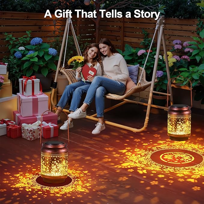 KOOPER Solar Lanterns Outdoor Waterproof Birthday Gifts for Women Mon Grandma, 2 Pack Brighter Hummingbird Hanging Solar Lantern Lights Outdoor, Metal Outdoor Decoration for Yard (Butterfly and Rose)