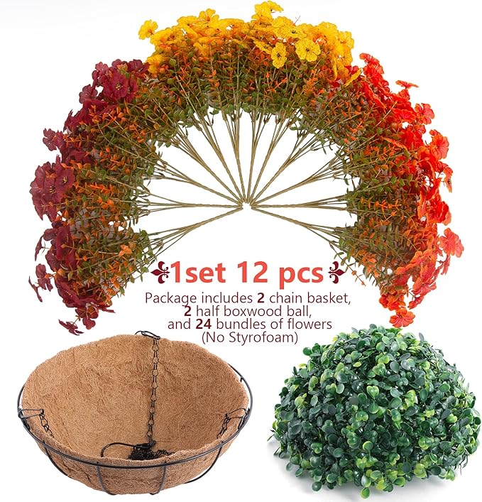 Hananona 2 Set Artificial Outdoor Fall Flowers with Hanging Basket, 2 Hanging Planters with 24 Pcs Flowers for Autumn Front Porch Garden Patio Home Decor (2, Orange,Yellow,Burgundy)