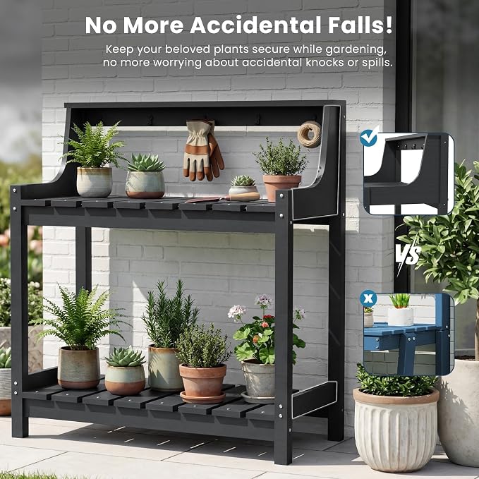 Garden Potting Bench for Outside, HDPE Outdoor Potting Table with Storage Shelves & Tool Hooks, All Weather Planting Workstation for Patio Backyard Garden (Gray)