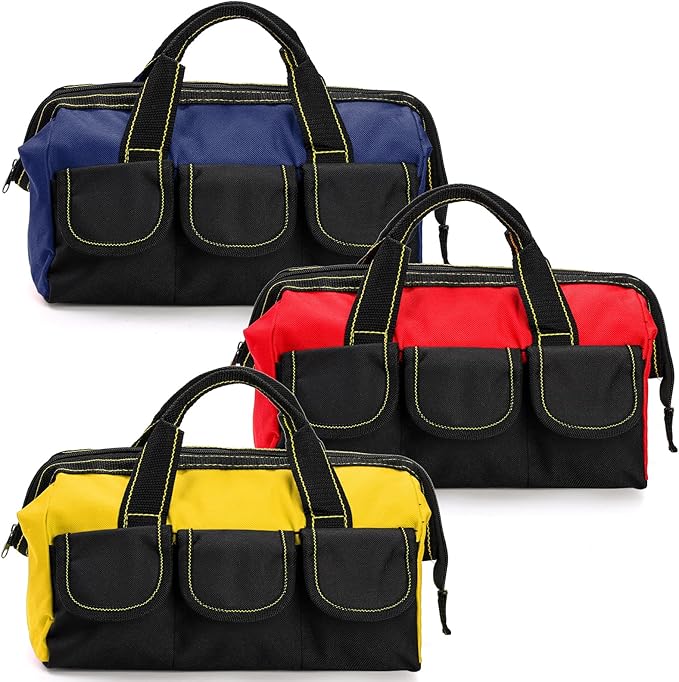 3 Pack Tool Bag, Wide Mouth Tool Tote Bag with Waterproof Base, Heavy Duty Tool Storage Bag Organizer for Various Tools, 5 Pockets, Blue, Yellow, Red, 12 Inch