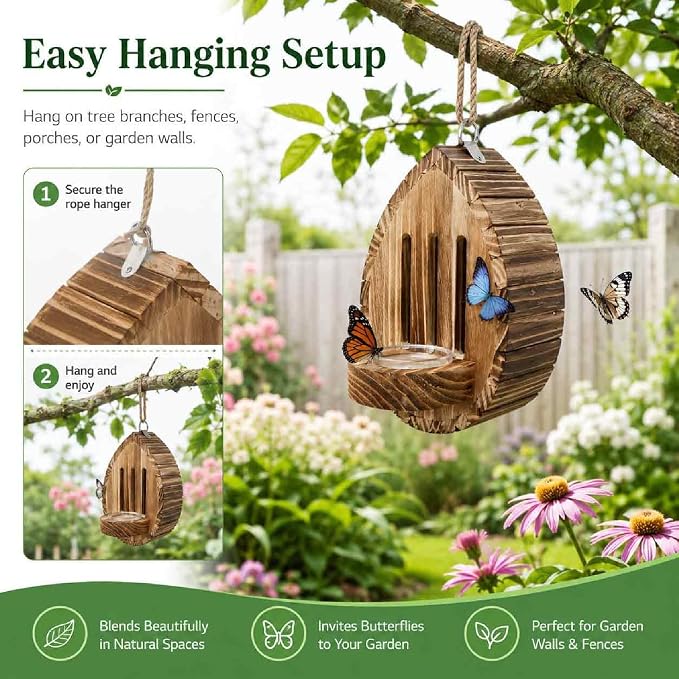 Butterfly Houses for Outside, Wooden Butterfly House Feeder Shelter with Puddling Floor, Tree Hanging Teardrop Habitat Box for Garden, Yard, Patio, Backyard Outdoor Decor (1PCS)