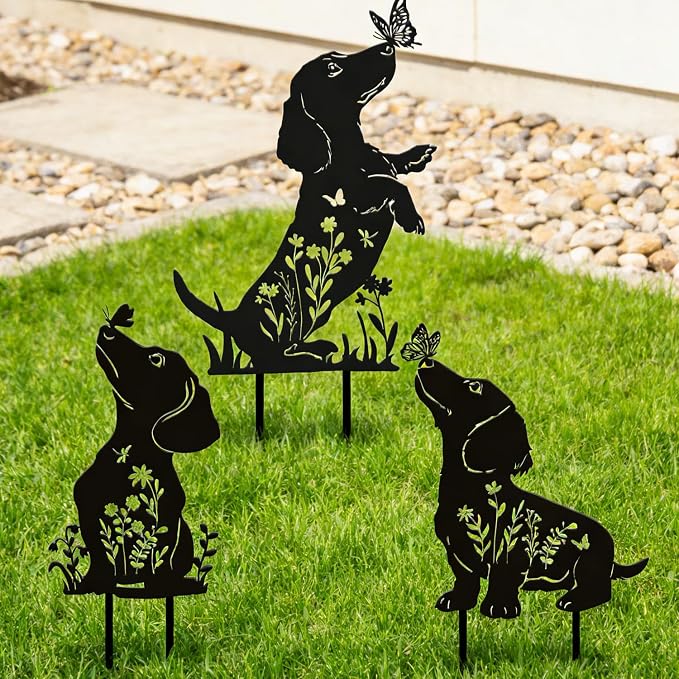 Rngmsi Dachshund Dog Metal Garden Stakes Decor, 3PCS Dog Gifts for Women Men Mom, Dachshund Black Silhouette Statues for Yard Ornaments Lawn Patio Outside Pathway Outdoor Decor