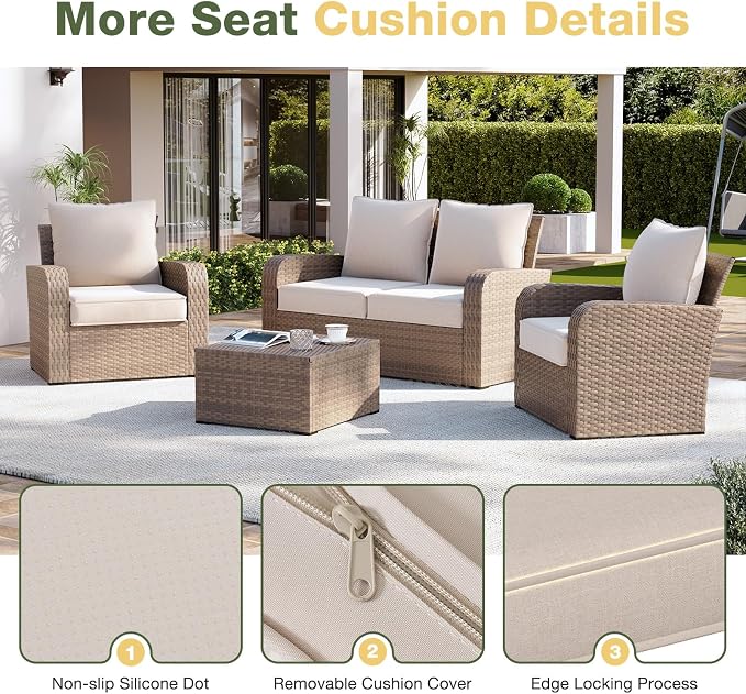 Aoxun Replacement Cushions for Outdoor Furniture, 4-Piece Outdoor Cushions for Patio Furniture, Deep Seat, Waterproof & Fade Resistant Couch Cushion for 4-Seat Patio Conversation Sets, Beige
