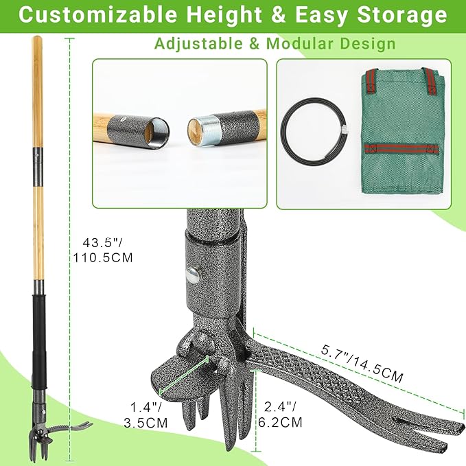 Weed Puller Tool, Heavy Duty Gardening Hand Tools with 4-Claw Steel Head & Dual-Eject Mechanism, 43.5" Bamboo Long Handle Stand Up Weeding Tool for Lawn Yard, Includes 16 Gallon Leaf Bag | 4-Claw Steel Head,Dual-Eject Mechanism,43.5" Bamboo Long Handle