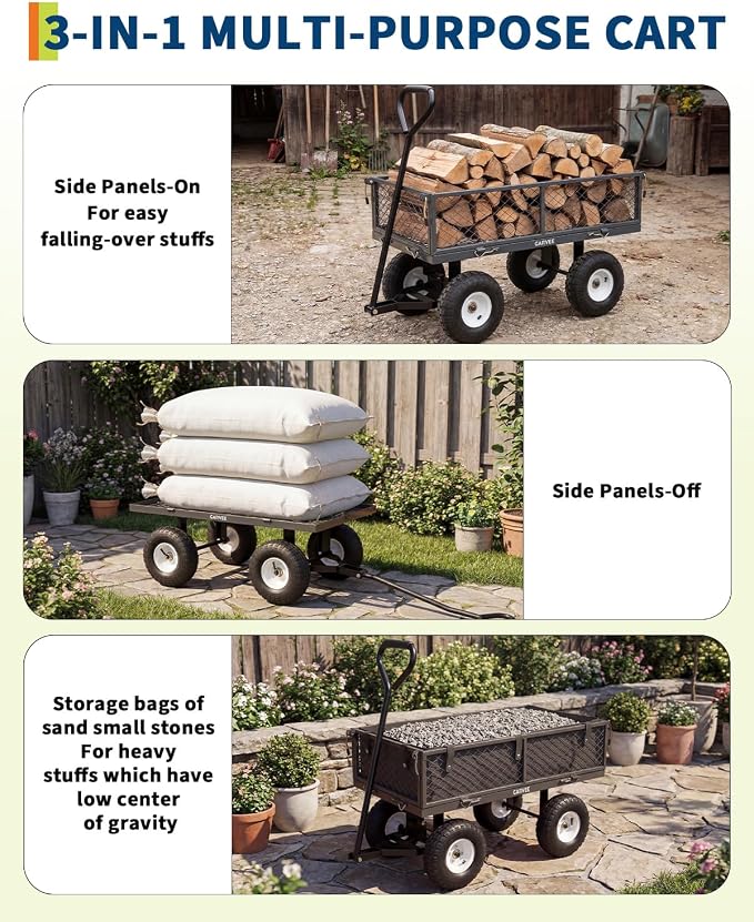 Garvee Versatile Outdoor Utility Cart-400LBS Heavy-Duty, 10" All-Terrain Pneumatic Tires, Easy Maneuverable Lawn Cart with Removable Mesh Panels for Gardening&Landscaping, Grey, with Waterproof Liner