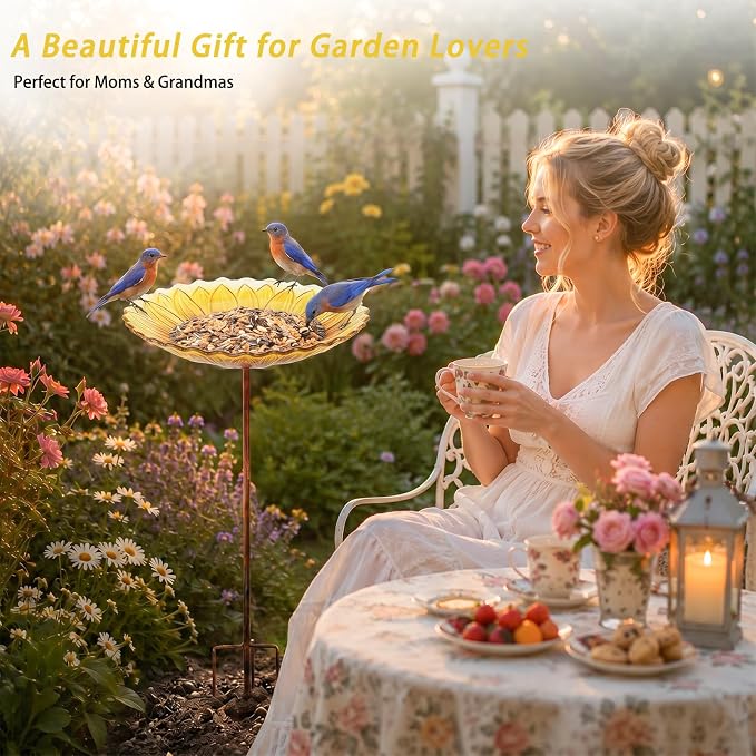 MUMTOP Glass Bird Bath, Garden Outdoor Birdbaths Birdfeeder with Metal Stake, Yellow