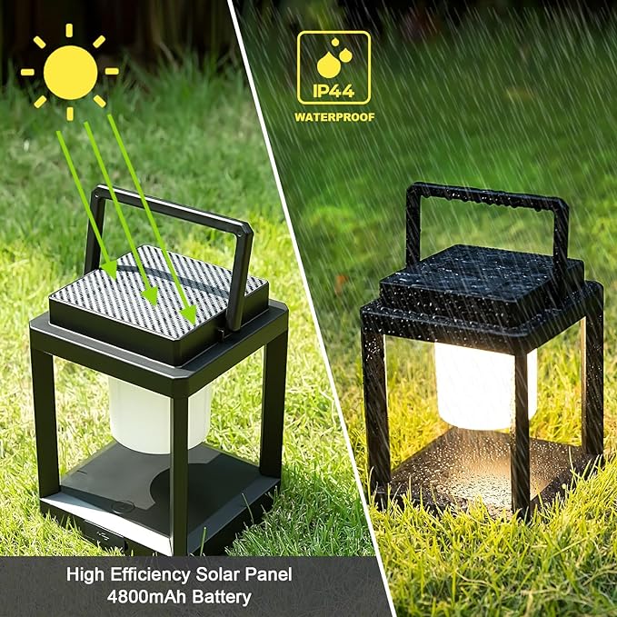 Solar Outdoor Table Lamp, Rechargeable Cordless Patio Light – Touch Control Portable LED Lantern, 3 Brightness Levels, 4800mAh, 50H Battery Life, Waterproof for Camping, Backyard, RV
