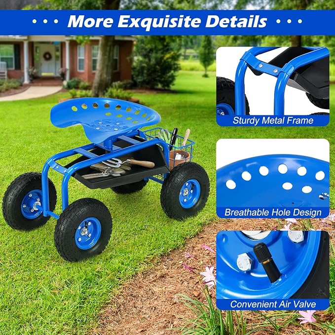 S AFSTAR Rolling Garden Seat, Outdoor Lawn Yard Patio Work Swivel Seat with Heavy Duty Wheels, Tool Tray & Basket, Garden Cart Wagon Scooter (Blue)