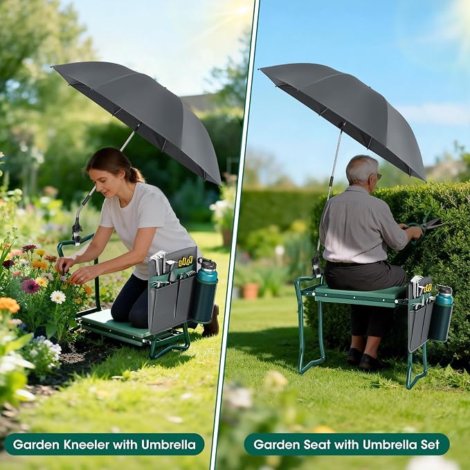 OAOA innovation 2-in-1 Garden Kneeler with Umbrella, Kneeling Bench & Grey Umbrella, Portable Stool 330lb Capacity, Garden Tools Bag with Bottle Holder, Gardening Gift for Men Women Seniors