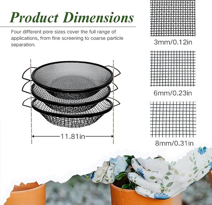 3Pcs Soil Sifter for Gardening, 3,6,8mm Grid Rock Sifter for 5 Gallon Bucket, Dirt Sifter, Compost Sifter for Capturing Dirt, Sand, Rocks, and Filtering Compost (Black)