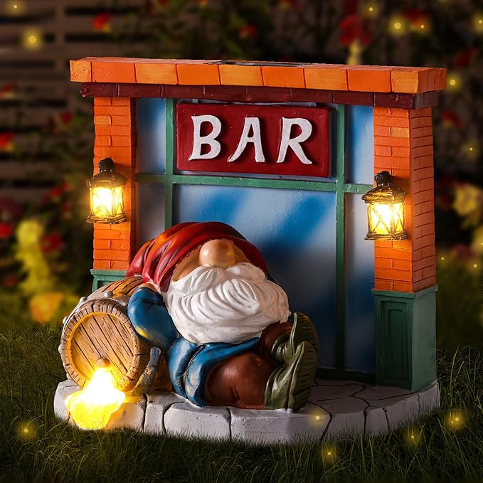 WINTS Solar Garden Gnomes,Funny Tavern Gnome Statue for Outdoor Decor with Light-Up Barrel for Lawn, Patio, Yard, Balcony–Gift for Lovers,Mom,Friends,Husband for Father's Day & Birthday