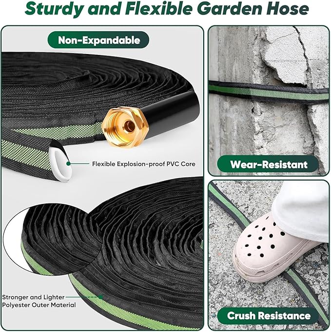 Toolasin Garden Hose 50FT, Lightweight Water Hose with 3/4", Non-Expanding, Potable, Easy Storage, Portable and Flexible Kink-Free PVC Inner Core, 500 PSI Burst Strength Outdoor Hose for Garden, Green