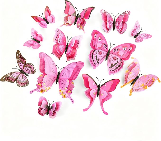 SAOROPEB 3D Butterfly Wall Decor, 48 Pcs Double Layer Butterfly Decorations for Party Decorations Locker Decor Refrigerator Decal, Reusable (Pink)