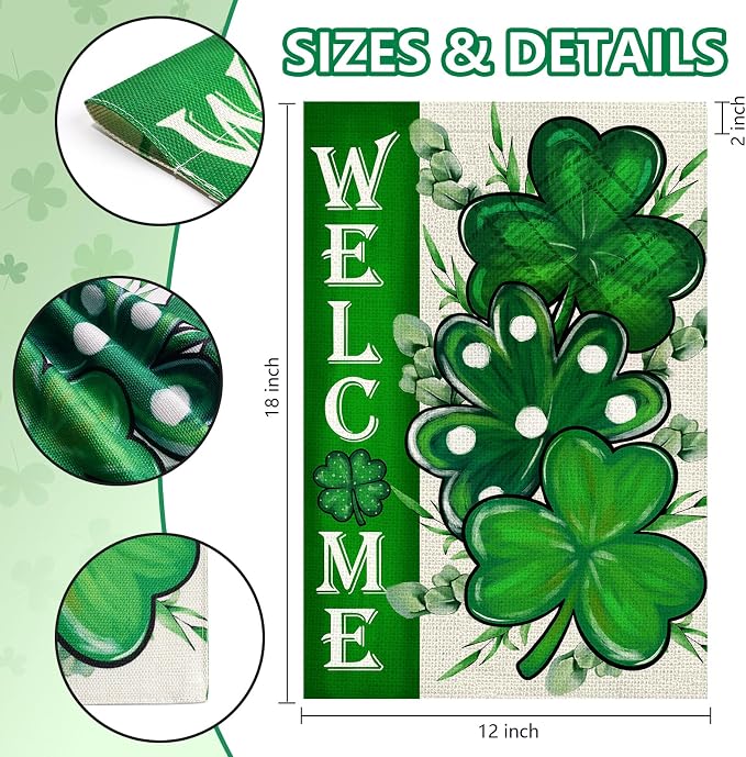 St Patricks Day Shamrocks Garden Flag 12x18 Inch, Double Sided Green Clovers Welcome Flag for Yard Outdoor Decoration
