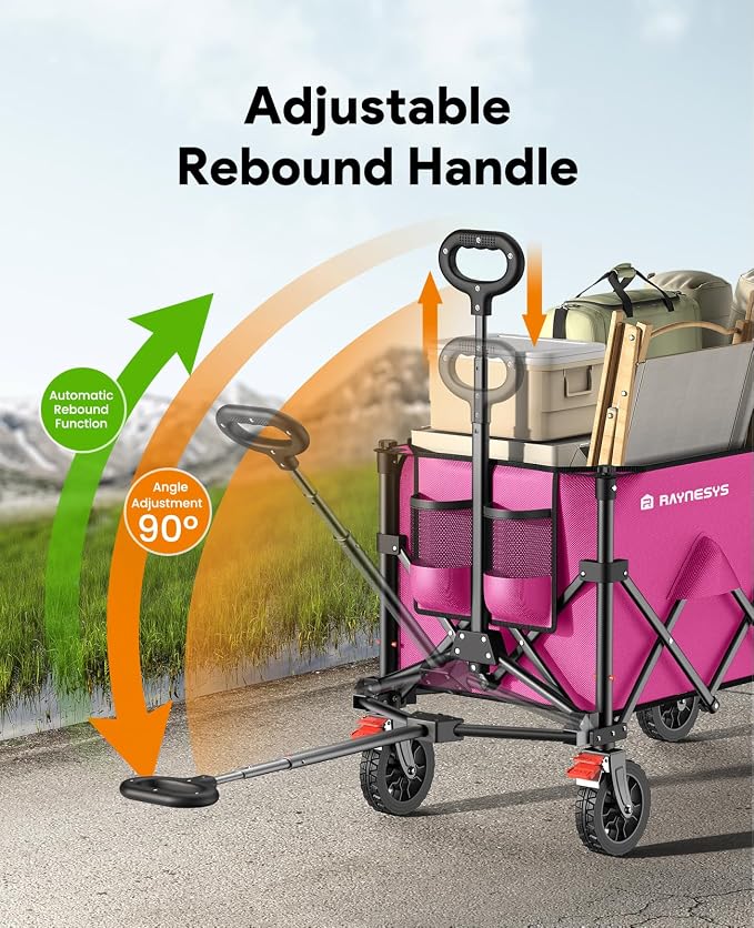 Wagons Carts Foldable, Collapsible Foldable Wagon 330lbs Capacity, Large Capacity Wagon Cart with All-Terrain Wheels,Heavy Duty Utility Wagons Cart with Brakes for Camping Shopping Sports, Pink