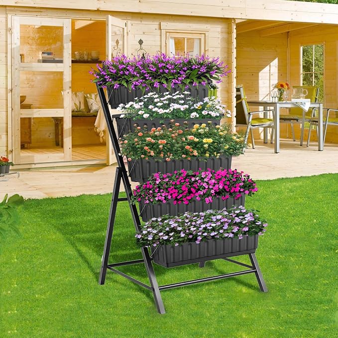TEANDE Vertical Raised Garden Bed, 5-Tier Elevated Planter Box w/Drainage System & 4 Hooks for Herbs Vegetables Flowers, Vertical Garden Planter for Patio Yard Indoor Outdoor